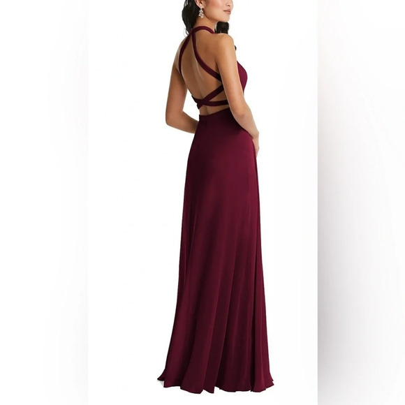 Dessy Collection Stand Collar Halter Maxi Dress With Criss Cross Open-Back 3082 - Picture 1 of 8